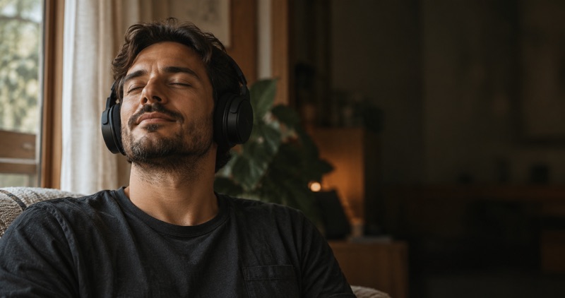 Concept portrait of a person listening through headphones in a warmly lit room.
